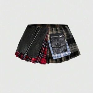Romwe Plaid Patchwork Mini Skirt with Leather Pocket - Red/Black